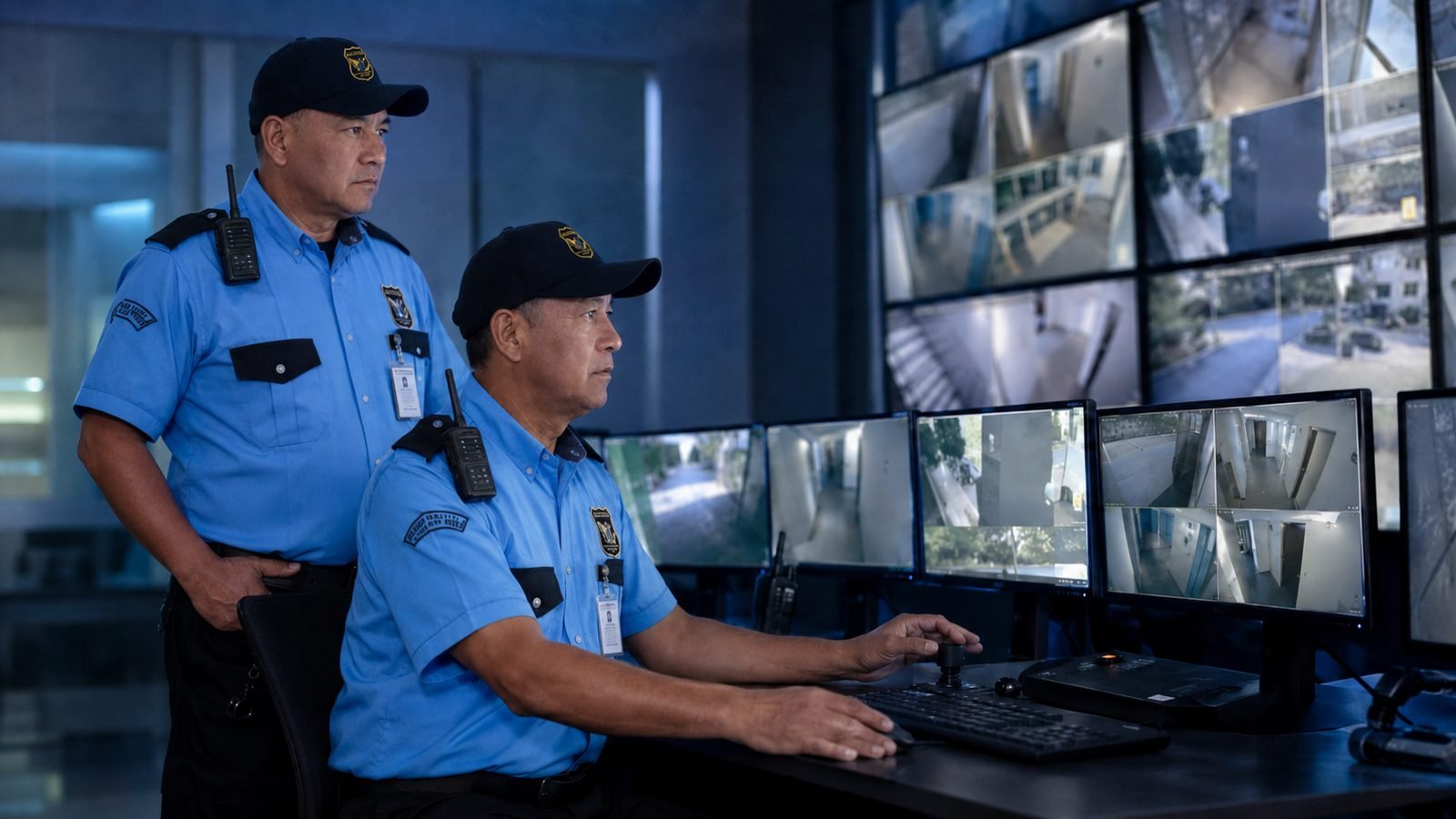 Dos operadores de KALULASA supervisan un muro de monitores de circuito cerrado en la central operativa