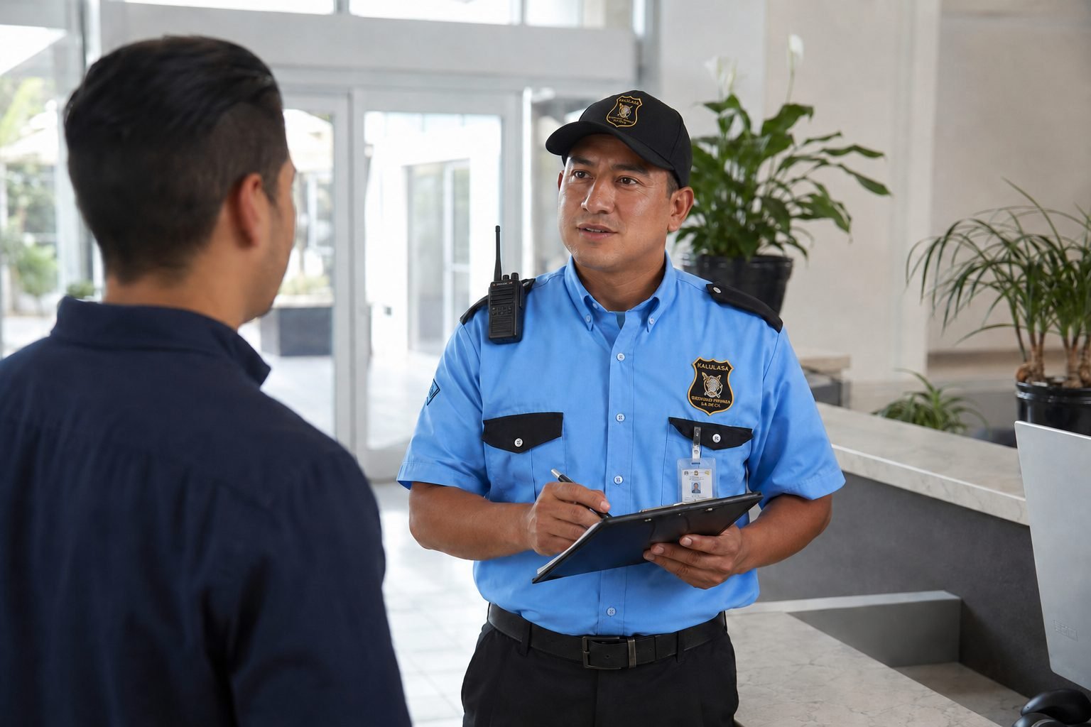 Guardia de KALULASA registrando el ingreso de un visitante en la bitácora de recepción