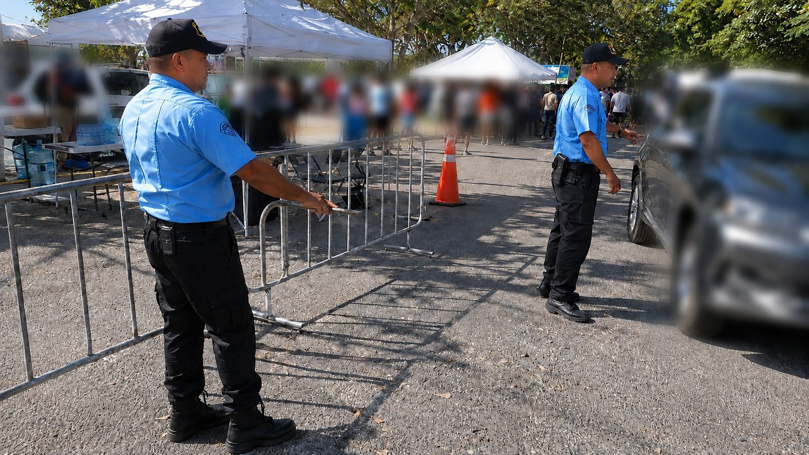 Dos elementos de KALULASA controlando el vallado y el acceso vehicular en un evento