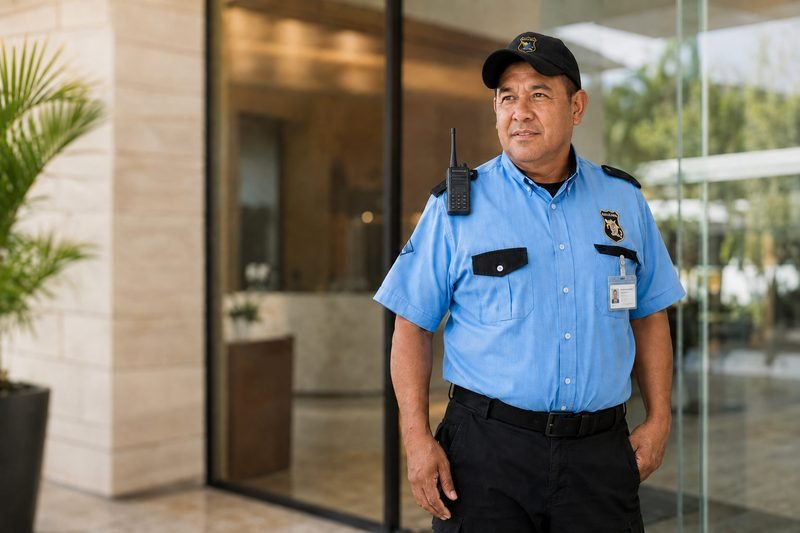 Retrato de un elemento de KALULASA con el uniforme institucional en el acceso de un inmueble