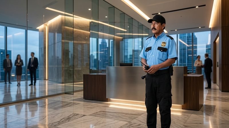 Guardia de KALULASA en el vestíbulo de un edificio corporativo