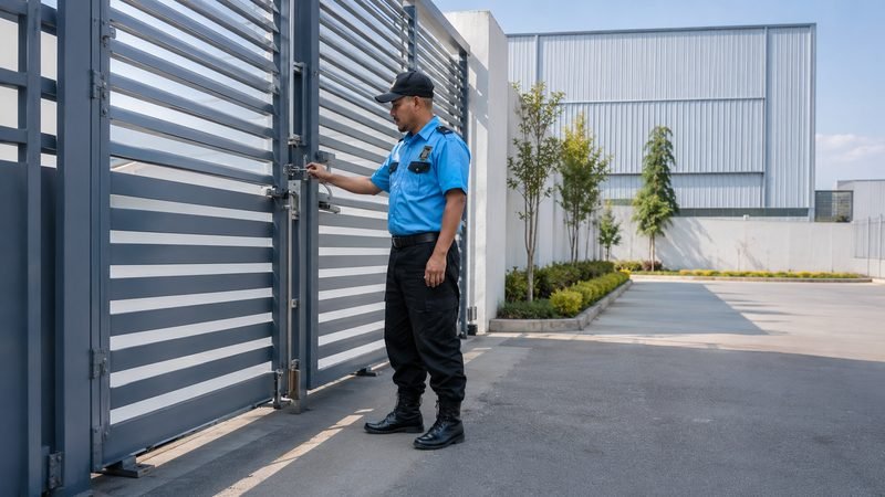 Guardia de KALULASA abriendo el portón de acceso a una zona de maniobras y almacenaje