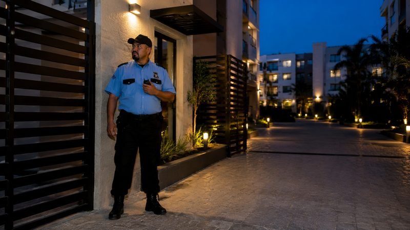 Guardia de KALULASA en el acceso peatonal de un condominio residencial durante el turno nocturno