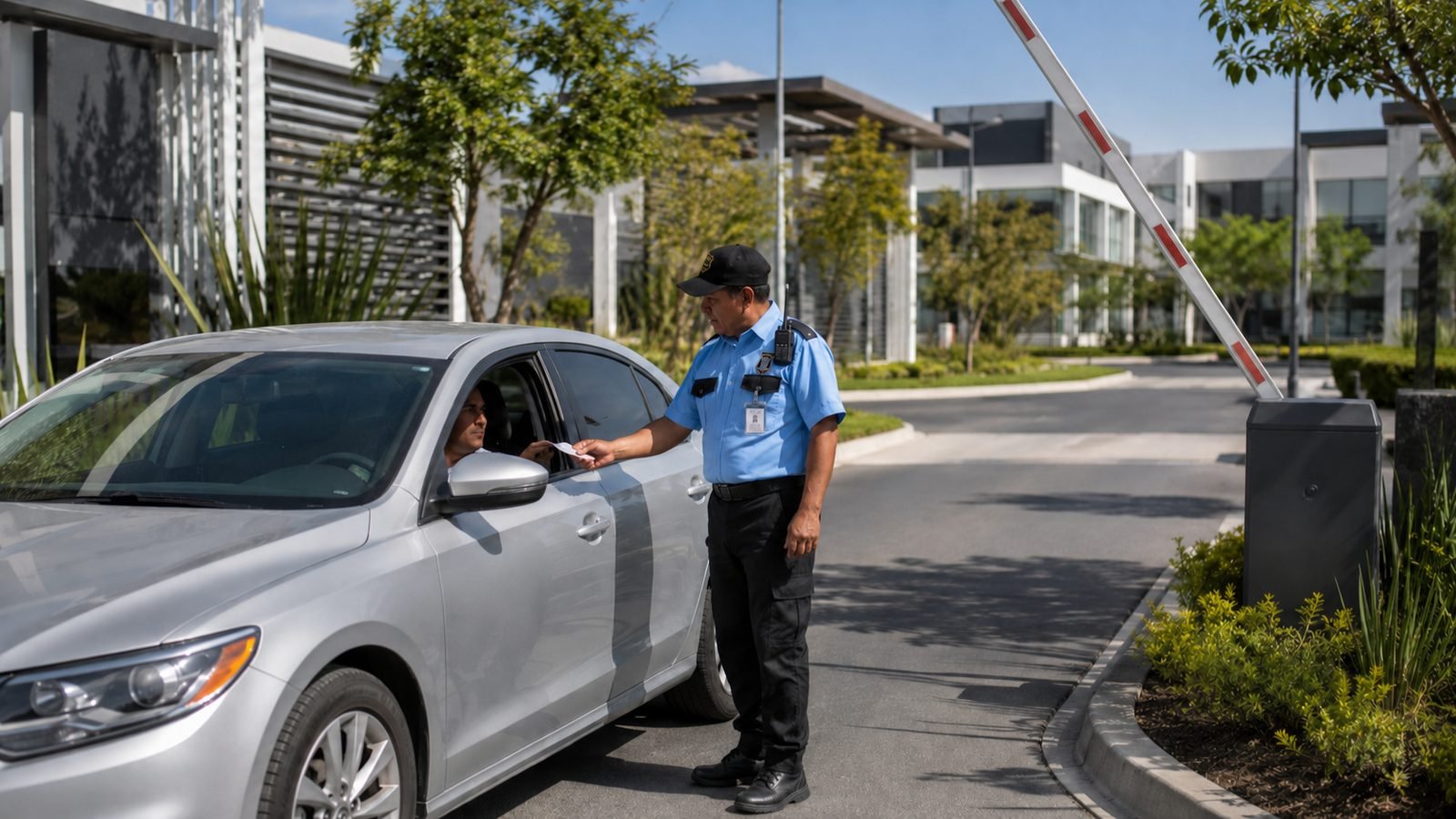 Guardia de KALULASA realizando control de acceso vehicular en la pluma de entrada de un complejo
